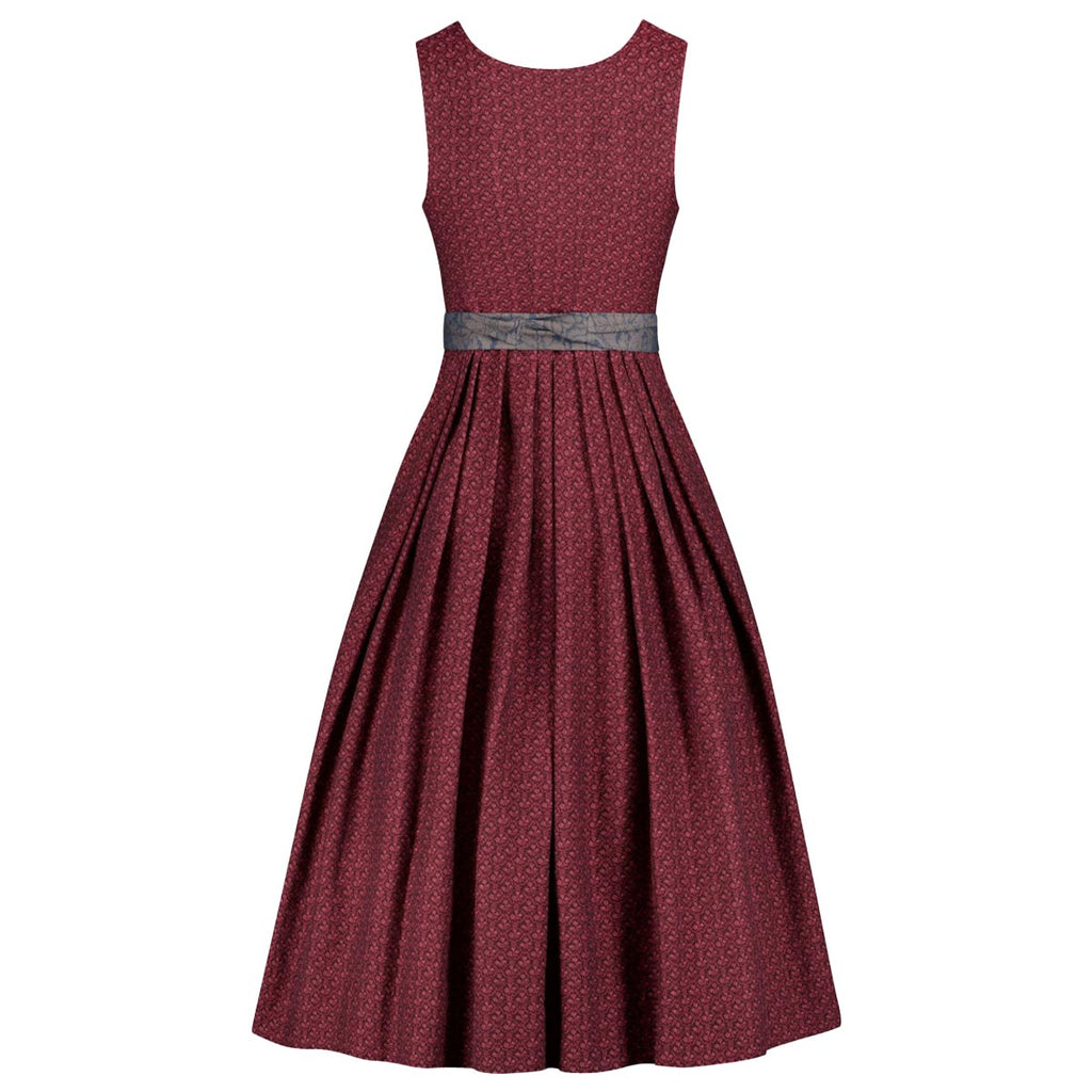 Maroon dress with a gray belt on a white background