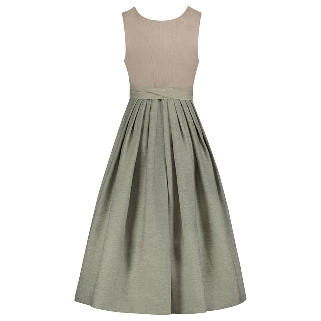 Two-tone dress with beige top and green skirt on a white background