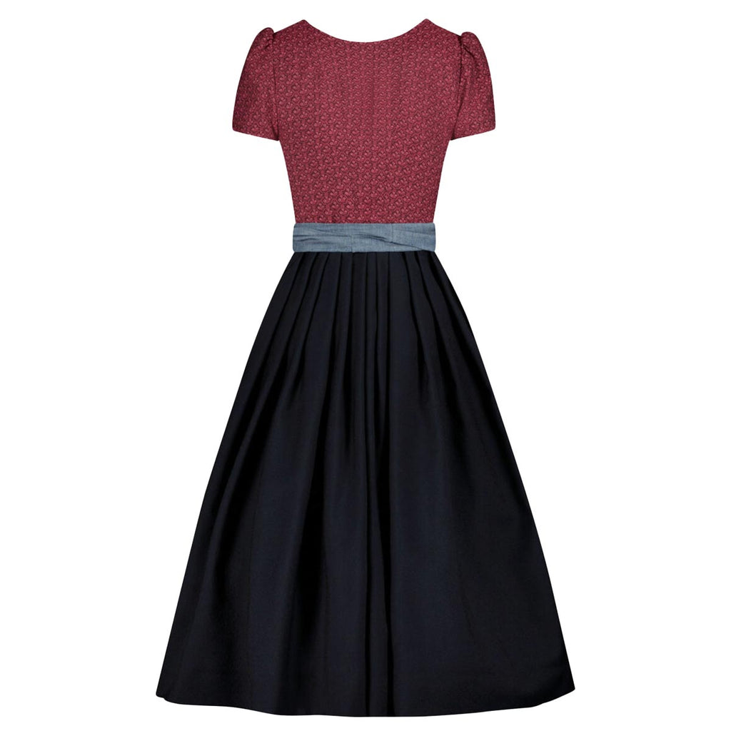 Two-tone dress with red top and black skirt on a white background
