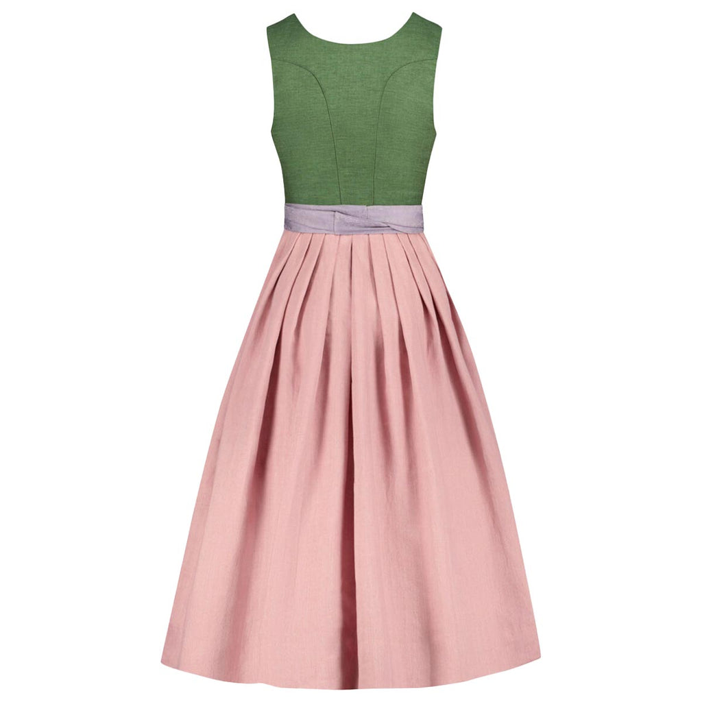 Green and pink dress with a purple belt on a white background