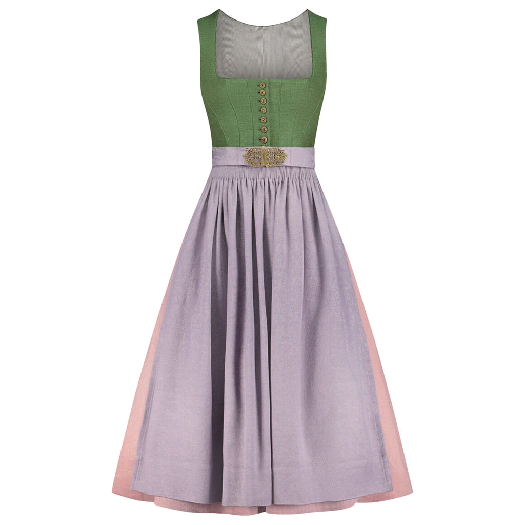 Green and gray dress with a belt on a white background