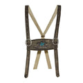 Brown leather suspenders with decorative buckle on a white background