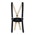 Black and beige suspenders with a decorative buckle on a white background