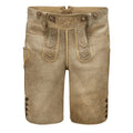 Brown leather shorts with decorative stitching on a white background