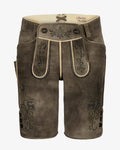 Brown leather shorts with decorative stitching on a white background