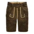 Brown leather shorts with decorative stitching on a white background