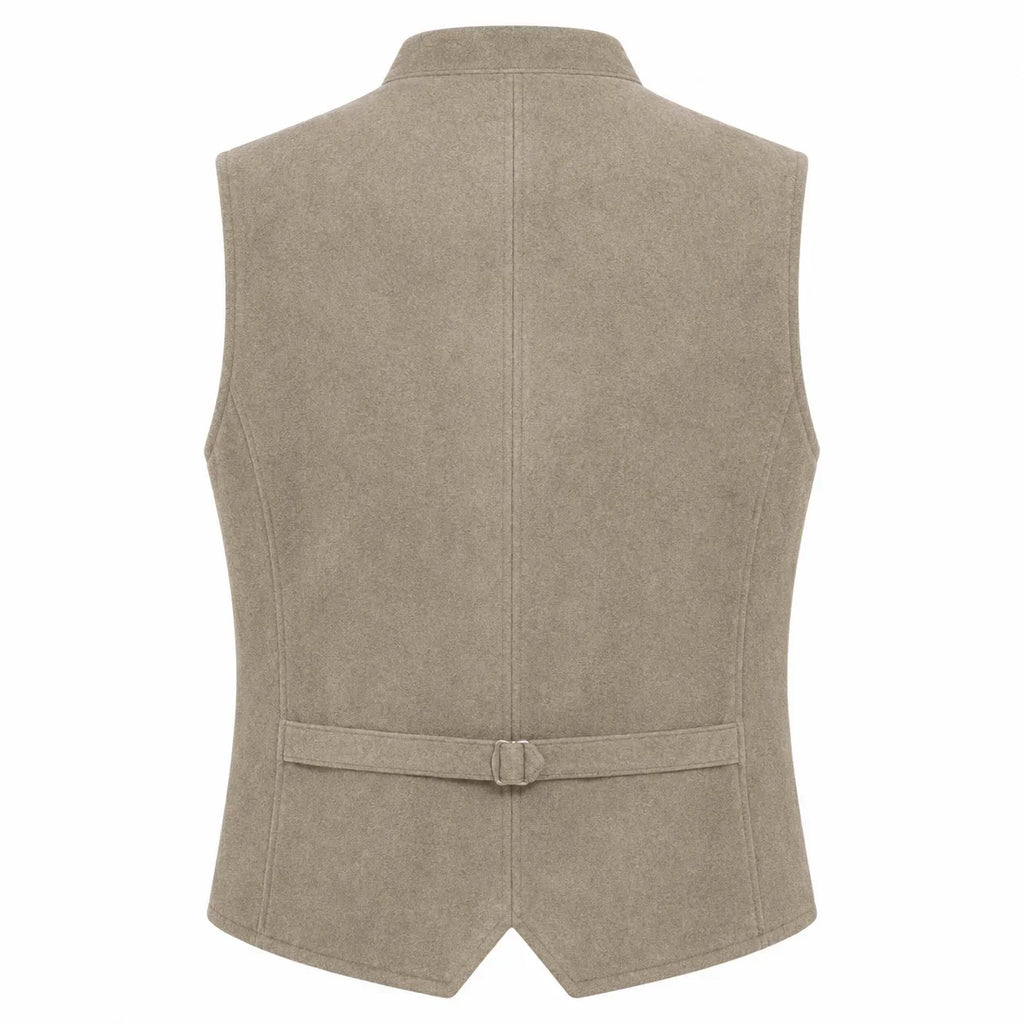 A sleeveless beige vest with a collar and a matching waist tie, shown from the back on a plain white background.