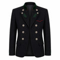 A men's double-breasted blazer in black wool-like fabric, featuring a dark green embroidered collar, green pine-branch embroidery on the lapels, silver-tone decorative buttons, and a thin red accent line on the chest pocket.