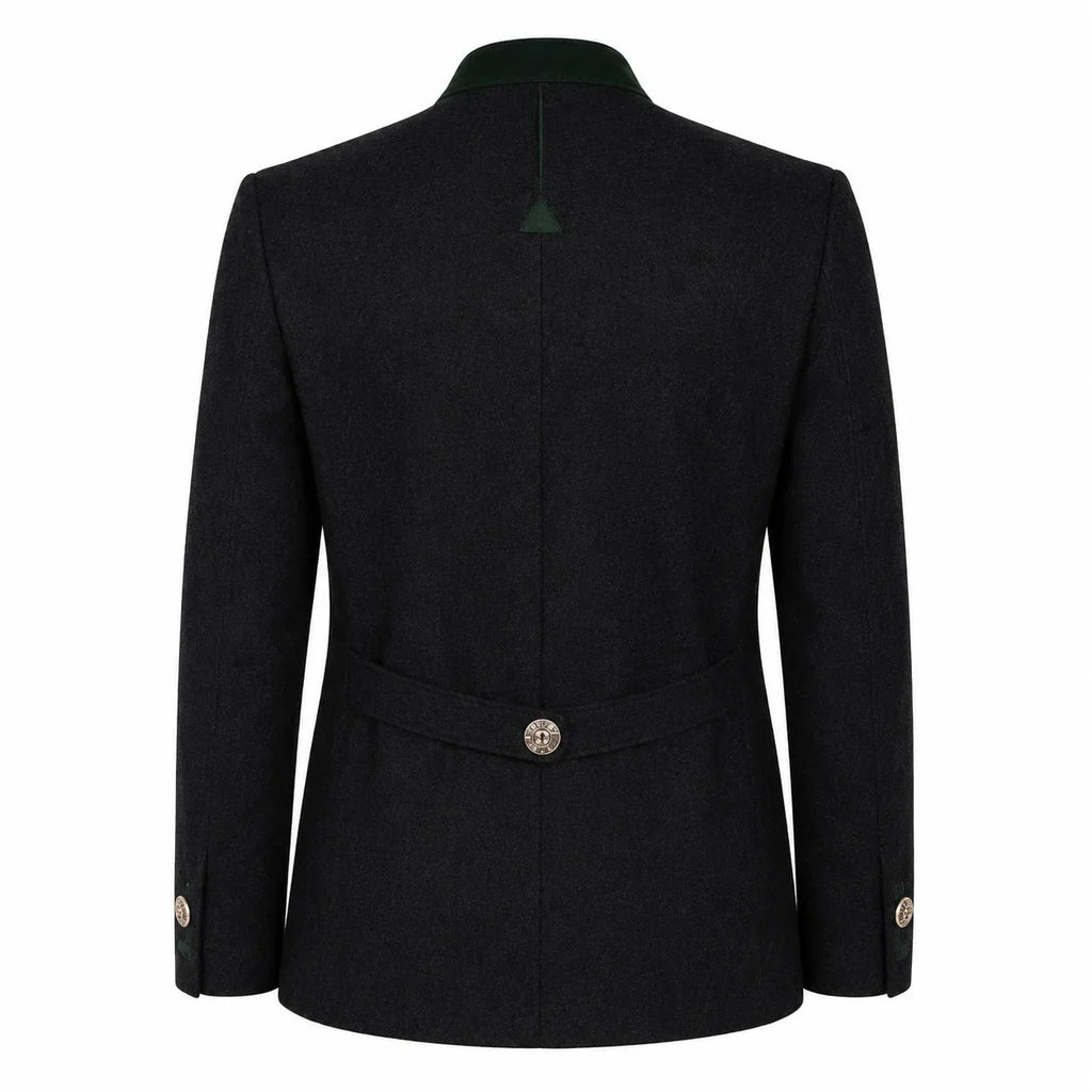 The back view of a dark charcoal gray wool-blend blazer with a structured collar, a single decorative button at the waist, and matching buttons on the cuffs, shown against a plain white background.