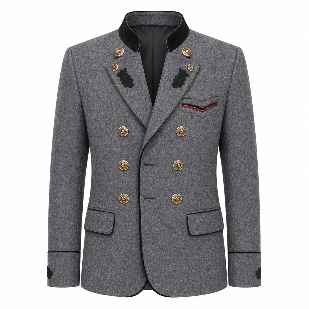 A men's double-breasted blazer in textured gray wool with gold-tone buttons, a black mandarin collar, and decorative black embroidery on the lapels and chest pocket flap.