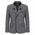 A men's double-breasted blazer in textured gray wool with gold-tone buttons, a black mandarin collar, and decorative black embroidery on the lapels and chest pocket flap.