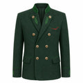 A dark green double-breasted blazer with gold buttons, green embroidered leaf details on the lapels and cuffs, and a red embroidered chevron on the chest pocket flap, shown against a plain white background.