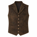 A dark brown textured vest with a five-button front closure, notch lapels, and welt pockets, shown on a plain white background.
