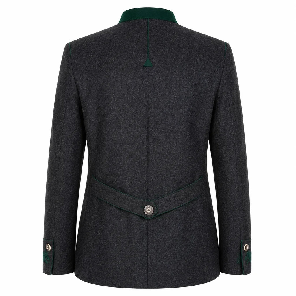 The back view of a dark gray textured wool blazer with a contrasting dark green collar, waist belt, and button details on the cuffs.