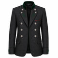 A dark gray double-breasted blazer with a green velvet collar, silver buttons, and green embroidered details on the chest and cuffs, shown against a plain white background.