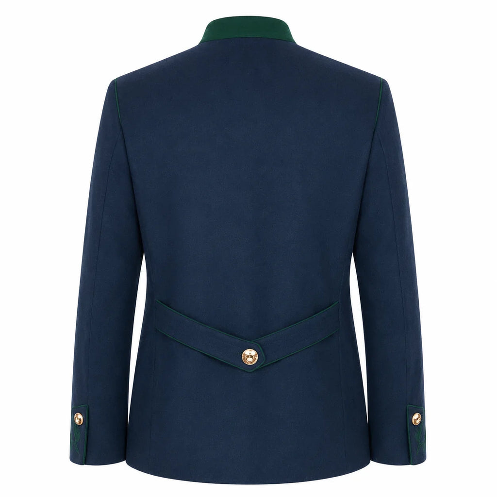 The back view of a navy blue blazer with dark green piping and collar, featuring a single gold button on the waist and sleeve cuffs, set against a plain white background.