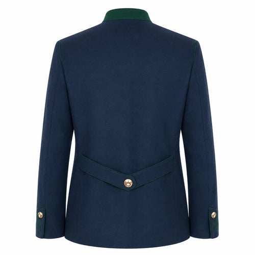 The back view of a navy blue blazer with dark green piping and collar, featuring a single gold button on the waist and sleeve cuffs, set against a plain white background.