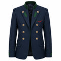 A men's double-breasted blazer in navy blue, featuring green embroidered oak leaves on the lapels and cuffs, gold buttons, and a green collar, shown against a plain white background.