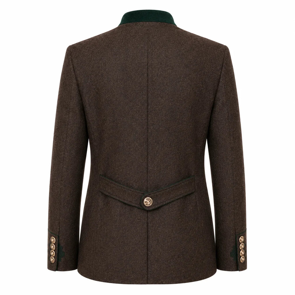 A dark brown textured tweed blazer shown from the back, featuring a contrasting dark green collar, a buttoned waist flap, and decorative gold buttons on the cuffs.