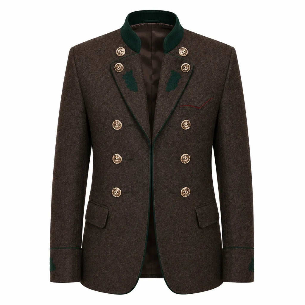 A men's double-breasted blazer in dark brown textured tweed, featuring a dark green ribbed knit collar, green embroidered leaf details on the shoulders, and gold-tone buttons.