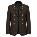 A men's double-breasted blazer in dark brown textured tweed, featuring a dark green ribbed knit collar, green embroidered leaf details on the shoulders, and gold-tone buttons.