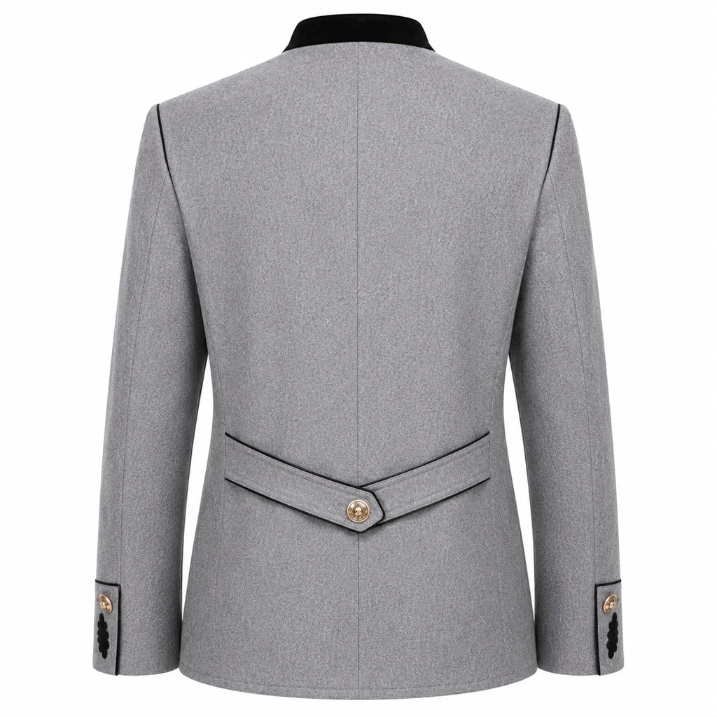 A light gray textured blazer shown from the back, featuring a structured collar, a matching waist belt with a decorative gold-tone button, and buttoned cuffs.