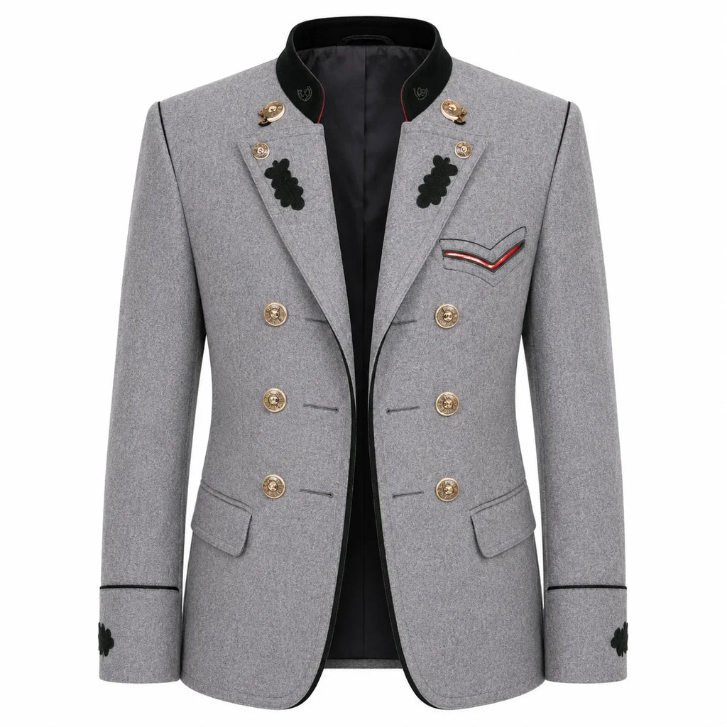 A men's double-breasted blazer in heather gray wool with black trim, gold buttons, and decorative black embroidered details on the lapels and chest pocket flap, shown on a plain white background.