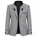 A men's double-breasted blazer in heather gray wool with black trim, gold buttons, and decorative black embroidered details on the lapels and chest pocket flap, shown on a plain white background.