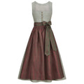 Traditional German dirndl with a checkered top and red skirt on a white background