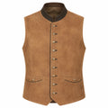 A brown suede-like waistcoat vest with a dark brown collar, decorative metal buttons down the front, and two front flap pockets, shown on a plain white background.