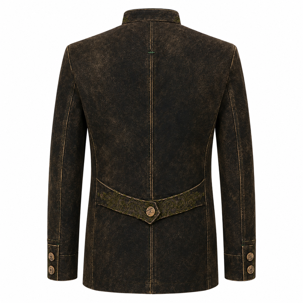 A dark brown distressed faux-leather blazer shown from the back, featuring a central button closure, decorative belt detail with a button, and buttoned cuffs.