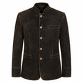 A men's dark brown textured jacket with a mandarin collar, four decorative buttons, and a welt pocket on the chest, shown against a plain white background.