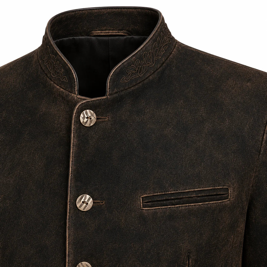 Close-up of a dark brown textured jacket with a mandarin collar, decorative embroidery on the collar, and three metallic buttons.