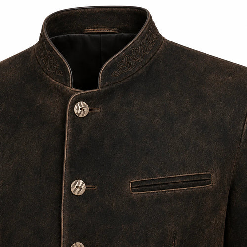 Close-up of a dark brown textured jacket with a mandarin collar, decorative embroidery on the collar, and three metallic buttons.