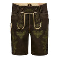 Brown embroidered shorts with green patterns on a white background