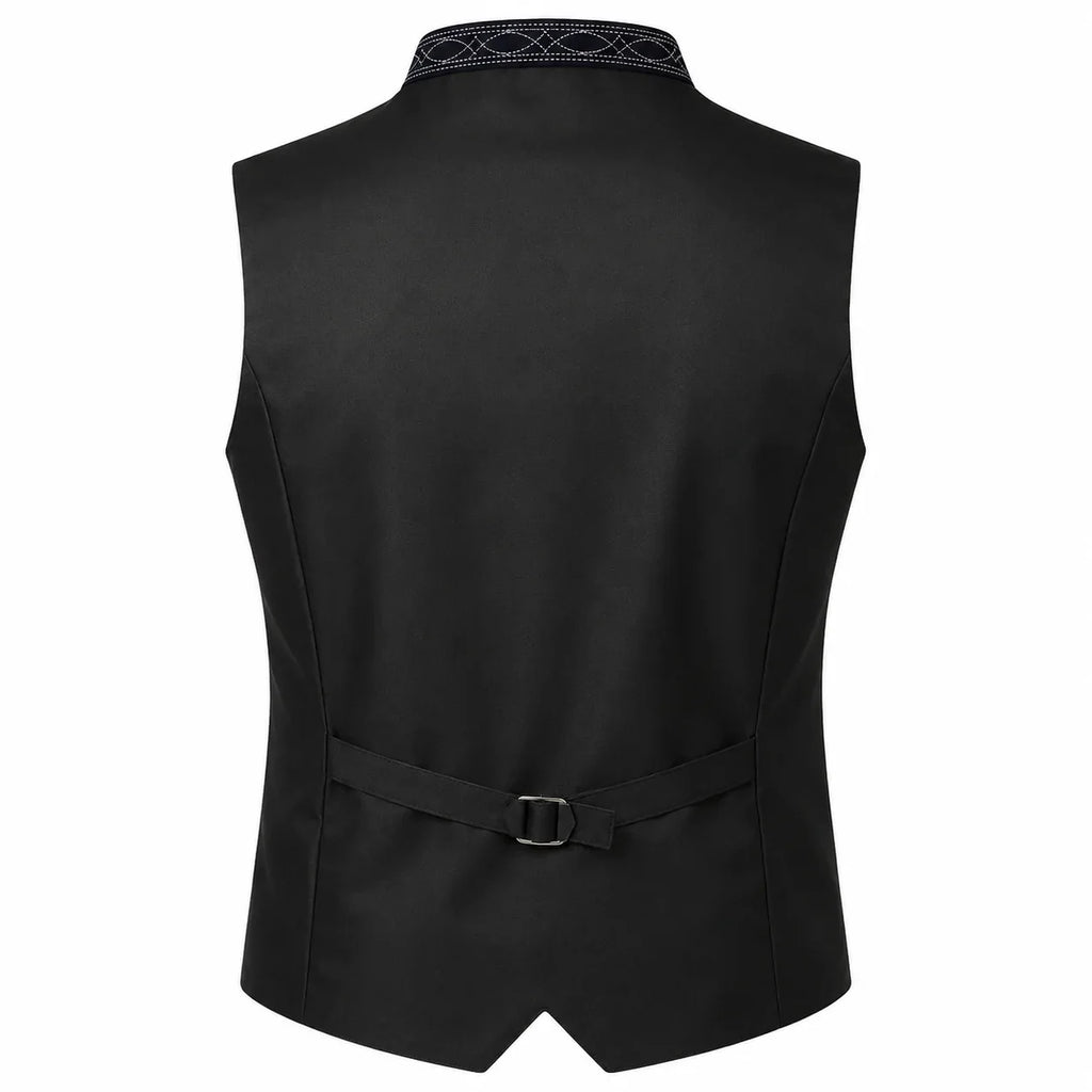 Black men's formal vest shown from the back, featuring a structured collar with a subtle geometric pattern, a matching waist belt with a silver buckle, and a clean silhouette on a white background.