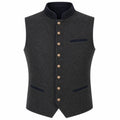 A dark gray wool-like waistcoat vest with a stand collar, gold-tone front buttons, and dark navy blue trim details on the collar, pockets, and chest pocket.
