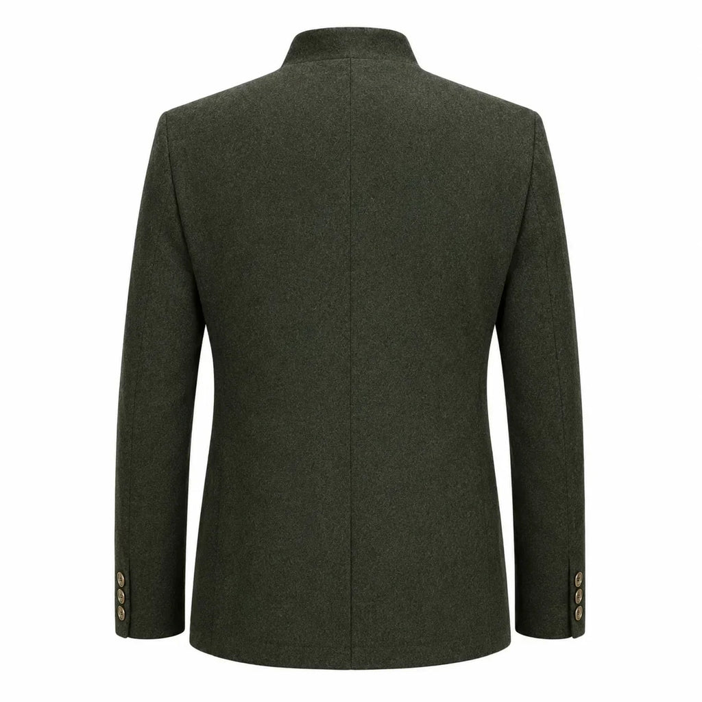 The back view of a men's dark olive green wool blazer with a stand collar and button details on the cuffs, shown on a plain white background.