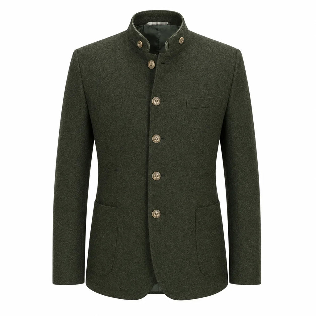 An olive green men's jacket with a mandarin collar, four brown buttons, and a single chest pocket, shown against a plain white background.