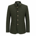 An olive green men's jacket with a mandarin collar, four brown buttons, and a single chest pocket, shown against a plain white background.