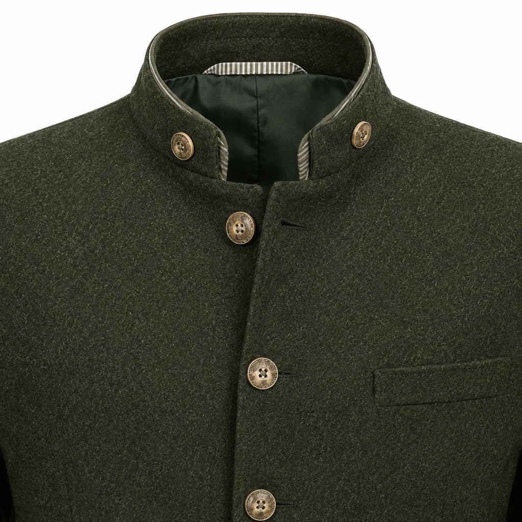 Close-up of a dark olive green wool jacket with a mandarin collar, brown buttons, and a striped inner lining.