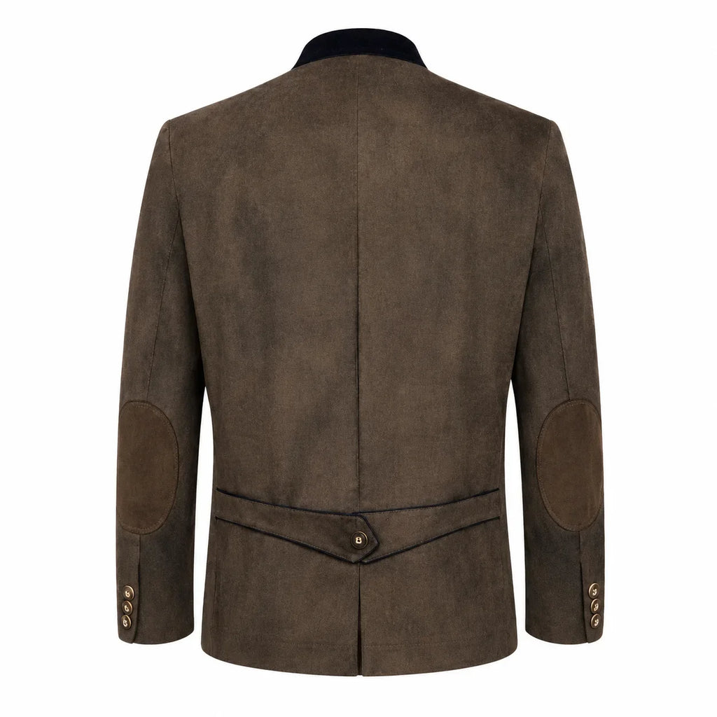 A men's brown suede jacket shown from the back, featuring dark brown patchwork elbow patches and a dark collar, photographed against a solid white background.