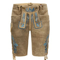 Brown leather shorts with blue embroidery on a white background