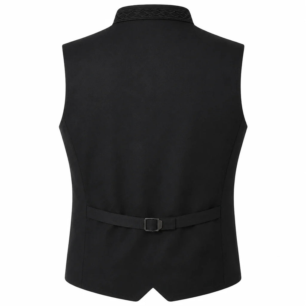 Black men's waistcoat vest with a decorative patterned collar and a matching waist belt with a silver buckle, shown from the back on a white background.