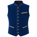 A men's sleeveless waistcoat vest in deep navy blue, featuring a mandarin collar with embroidered detailing, decorative silver-tone buttons down the front, and gold-colored piping accents on the chest and pockets.
