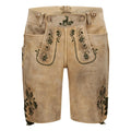 Beige leather shorts with decorative embroidery on a white background