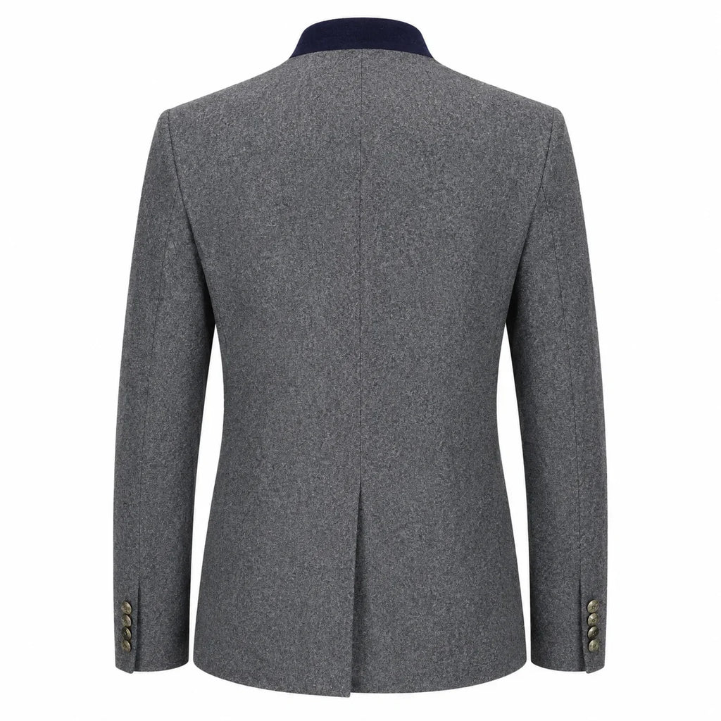 A men's gray textured blazer shown from the back, featuring a dark navy blue inner collar and gold-tone button details on the cuffs, set against a plain white background.