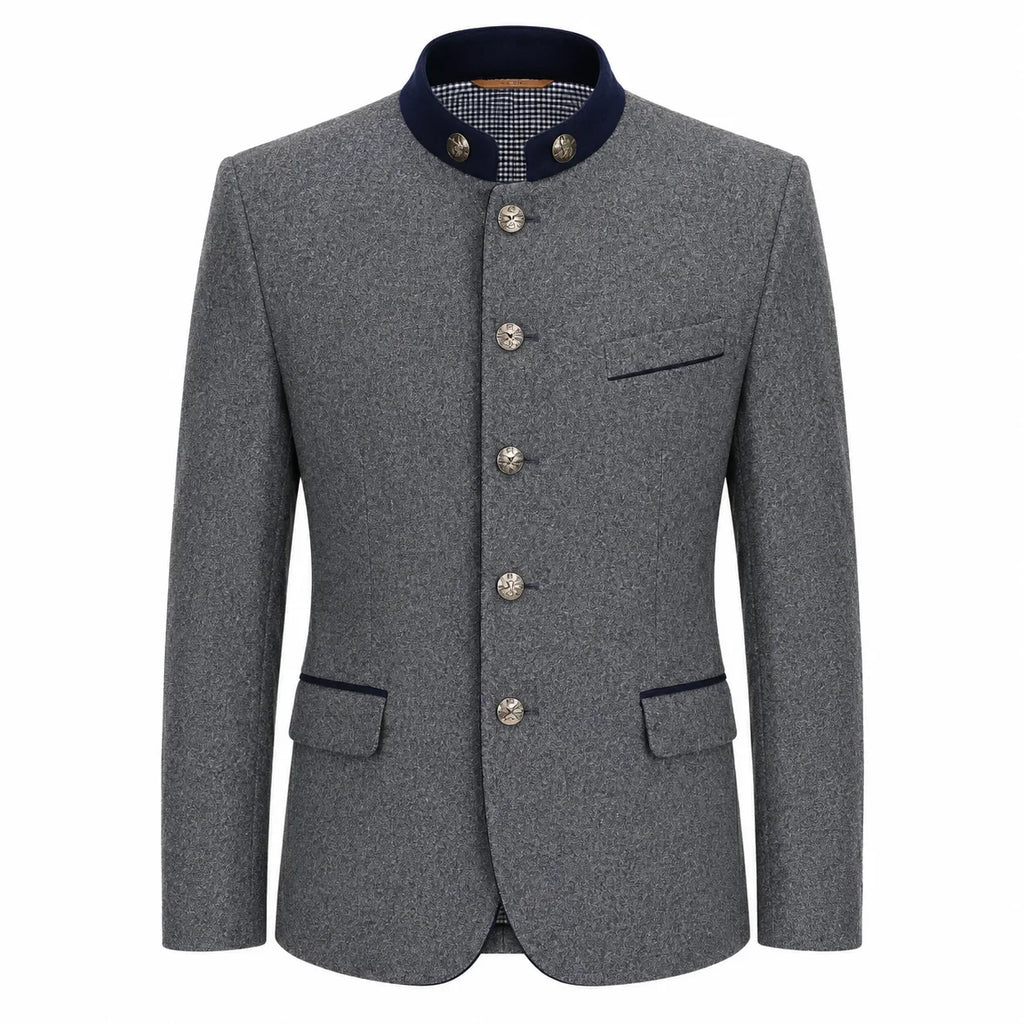 A men's gray textured jacket with a dark navy blue mandarin collar, decorative silver-tone buttons, and flap pockets, shown on a plain white background.