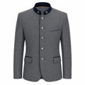 A men's gray textured jacket with a dark navy blue mandarin collar, decorative silver-tone buttons, and flap pockets, shown on a plain white background.