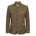 A men's brown jacket with a mandarin collar, black buttons, and beige contrast stitching, shown against a plain white background.